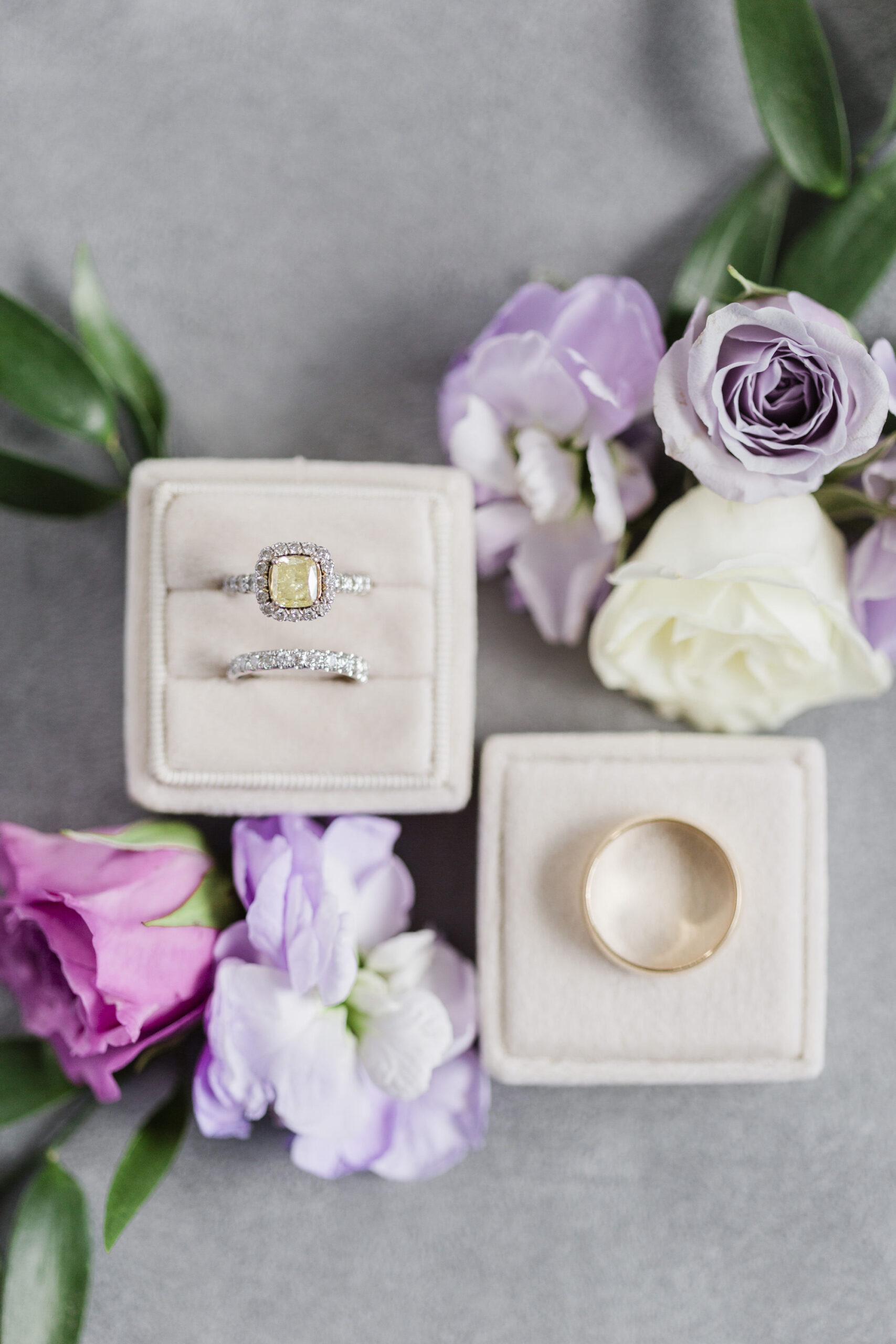 Cream Velvet Square Ring Box | White Gold Yellow Sapphire Engagement Ring and Diamond Wedding Band Ideas