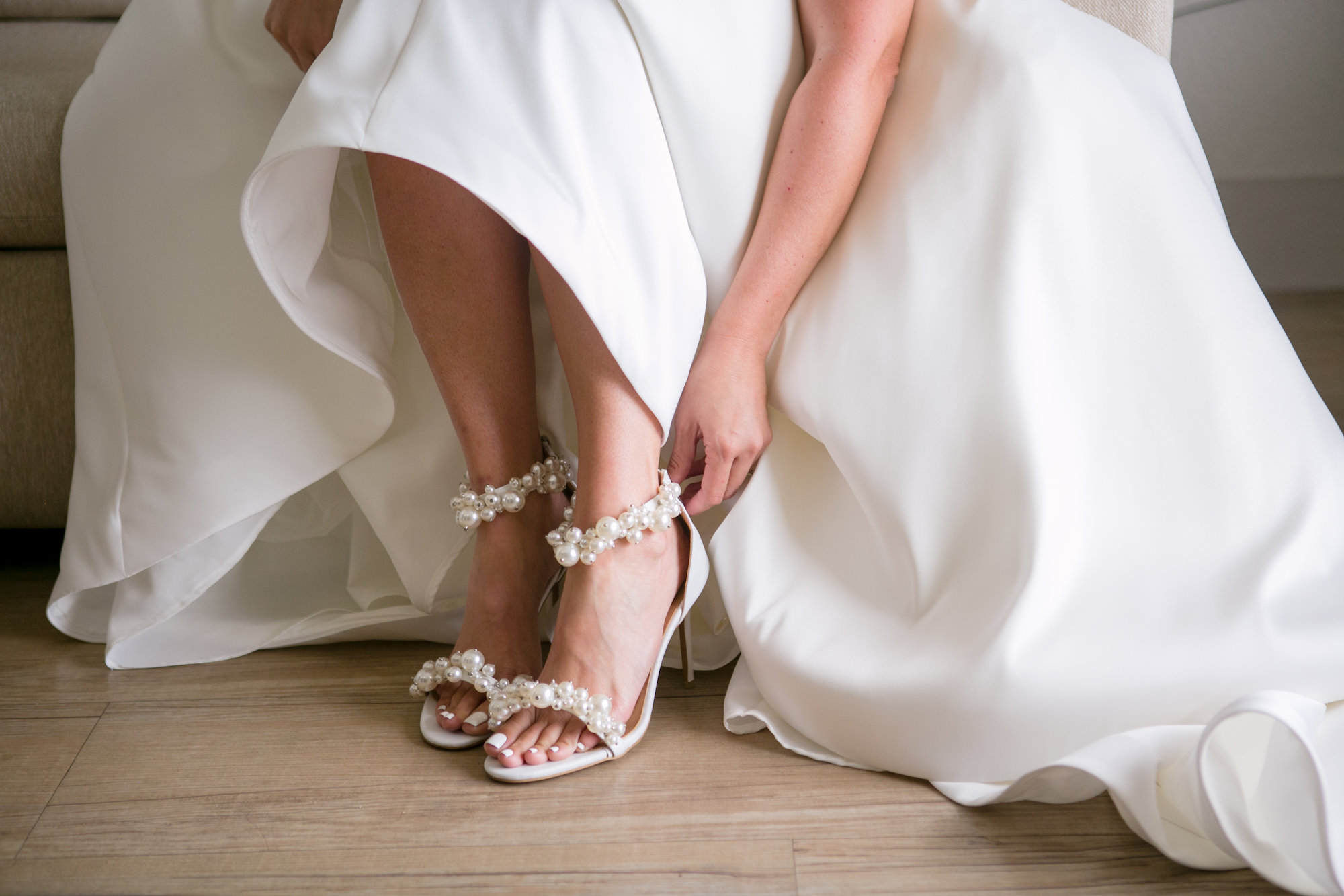 Ivory Jimmy Choo Pearl Wedding Shoe | White Ivory Satin A Line Wedding Dress with Lace Bodice