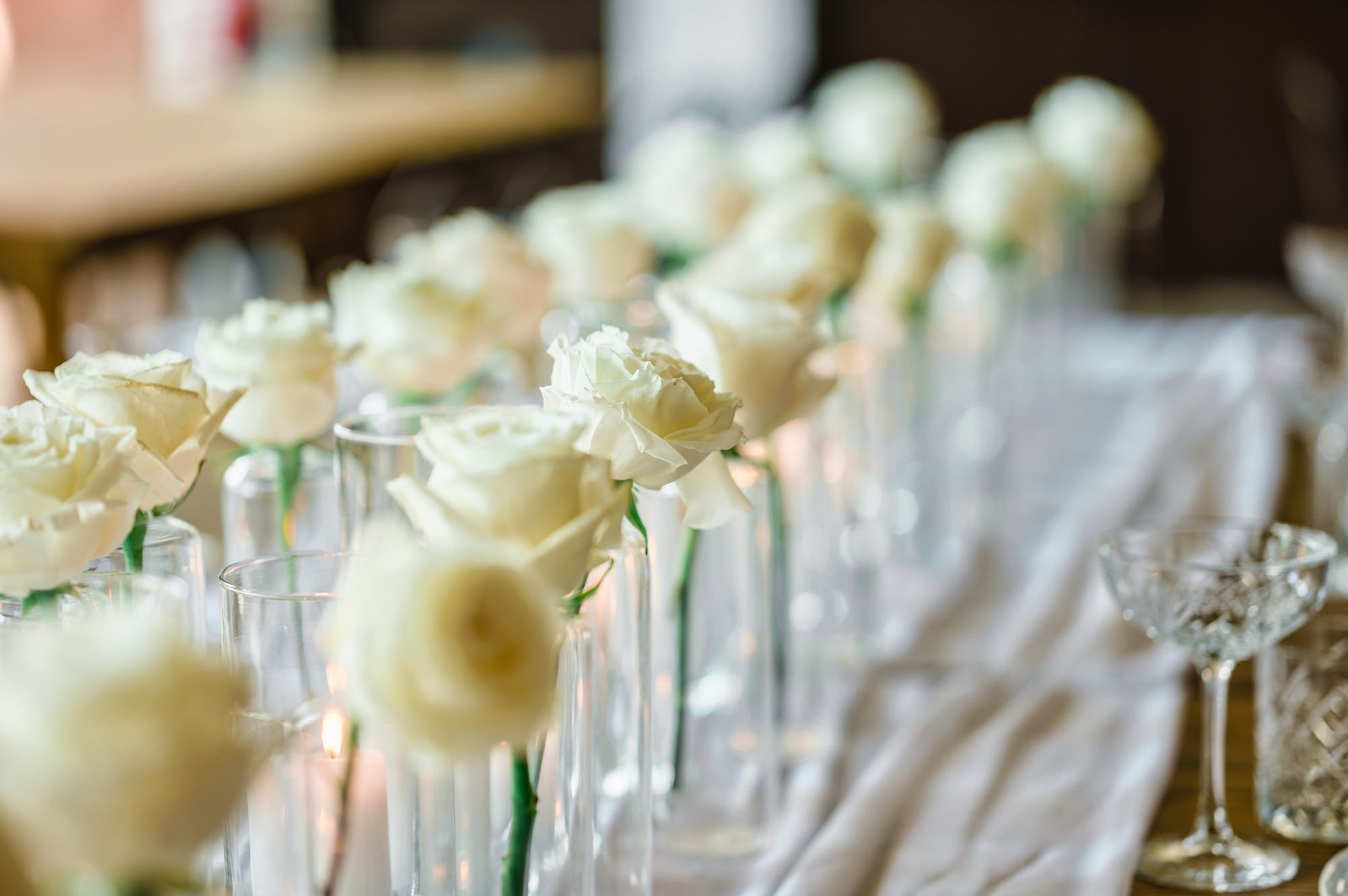 Individual White Roses in Vases Wedding Centerpiece Ideas | Dade City Florist Save The Date Florida
