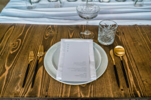 Gold and Black Flatware and Classic White Wedding Reception Menu Inspiration