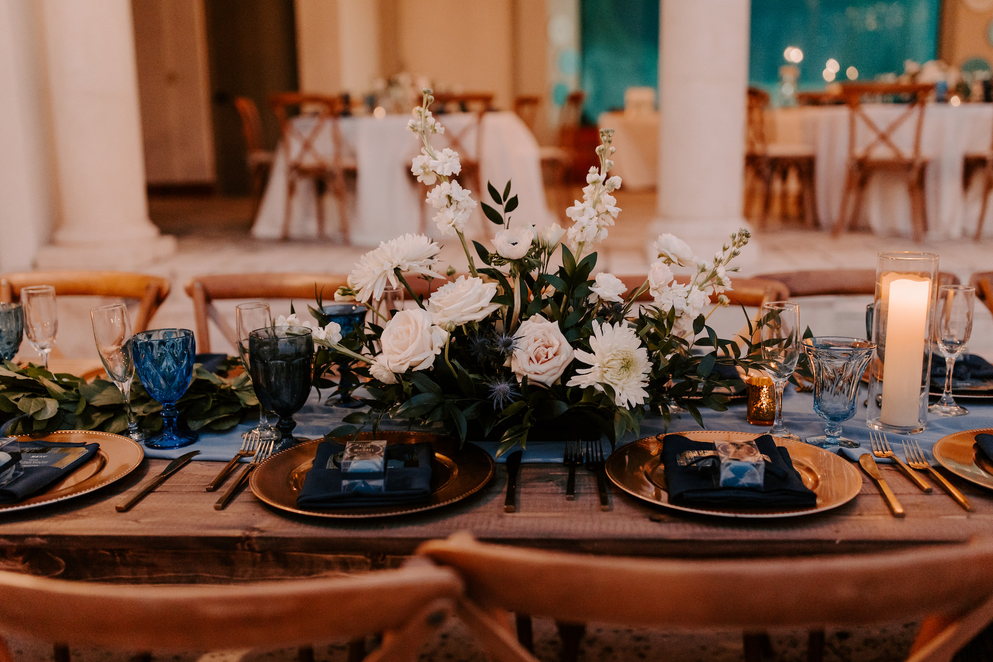 White Chrysanthemum, Ranunculus, Dendrobium, Rose, and Ruscus Greenery Centerpiece Inspiration | Dusty Blue Wedding Decor Ideas
