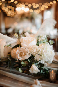 White Garden Rose Hydrangeas with Eucalyptus Greenery Wedding Reception Table Centerpieces