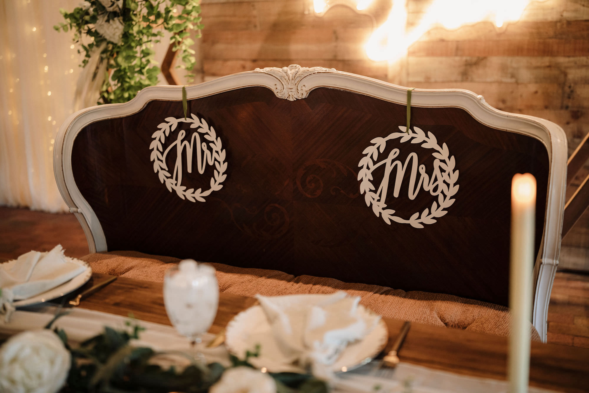 Wedding Reception Sweetheart Head Table with Bench Seating | Mr and Mrs Signs