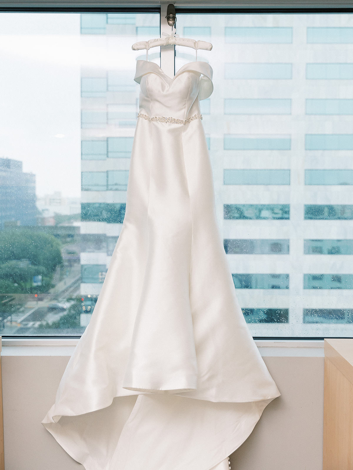 Elegant White Ivory Satin Off the Shoulder Fit and Flare Maggie Sottero Wedding Dress