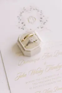 Teardrop Engagement Ring and Classic Gold Wedding Band in Cream Velvet Ring Box