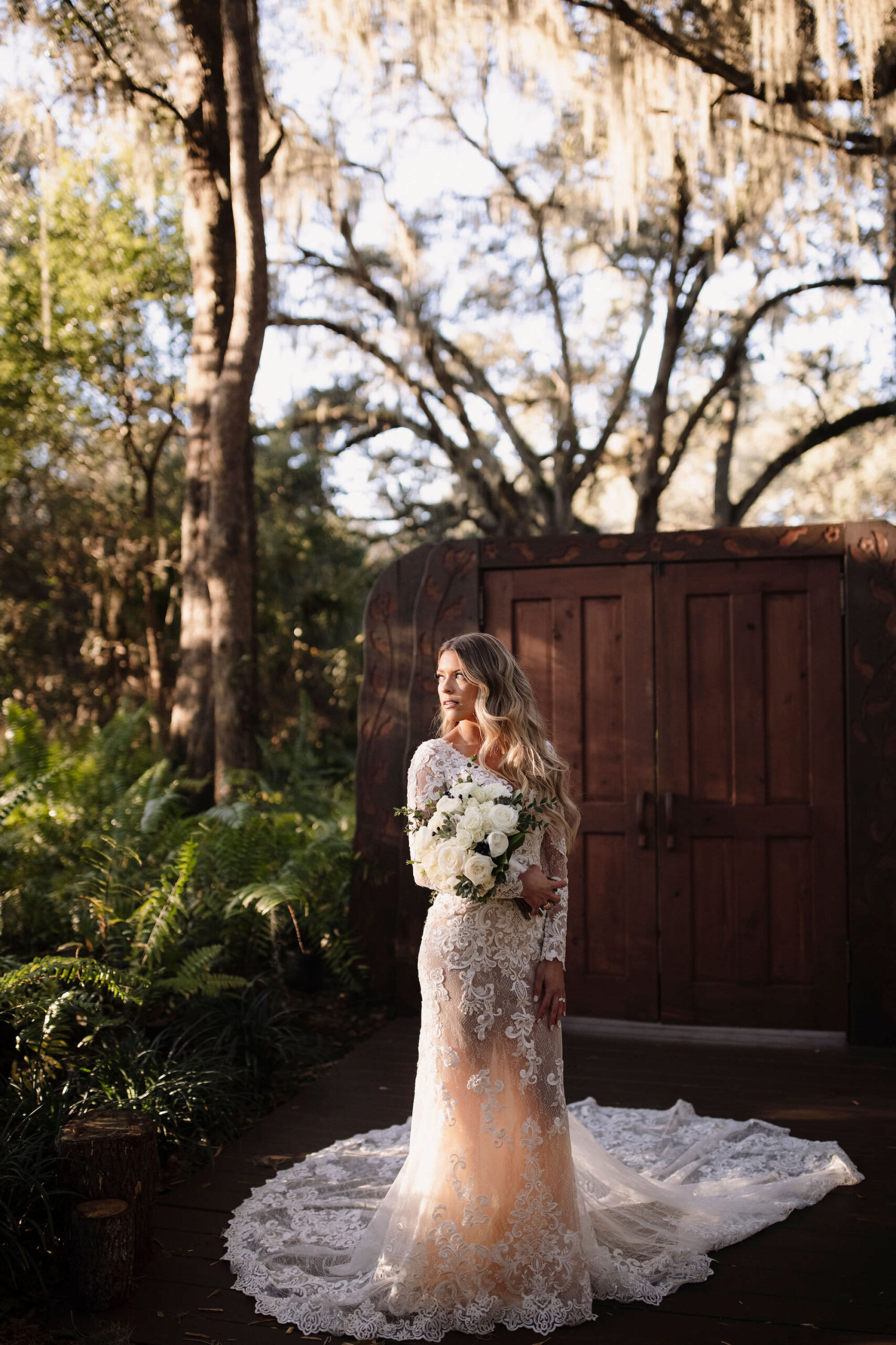Bridal Glamour Wedding Portrait | Long Sleeve White Ivory Blush Sheer Lace Wedding Dress with Cathedral Train | Tampa Bay Venue Cross Creek Ranch