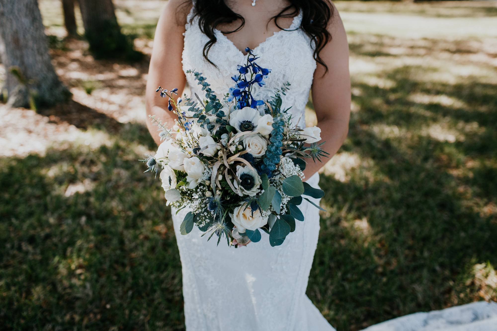 White Roses, Blue Veronica, Blue Orchid, and Eucalyptus Greenery Bridal Wedding Bouquet