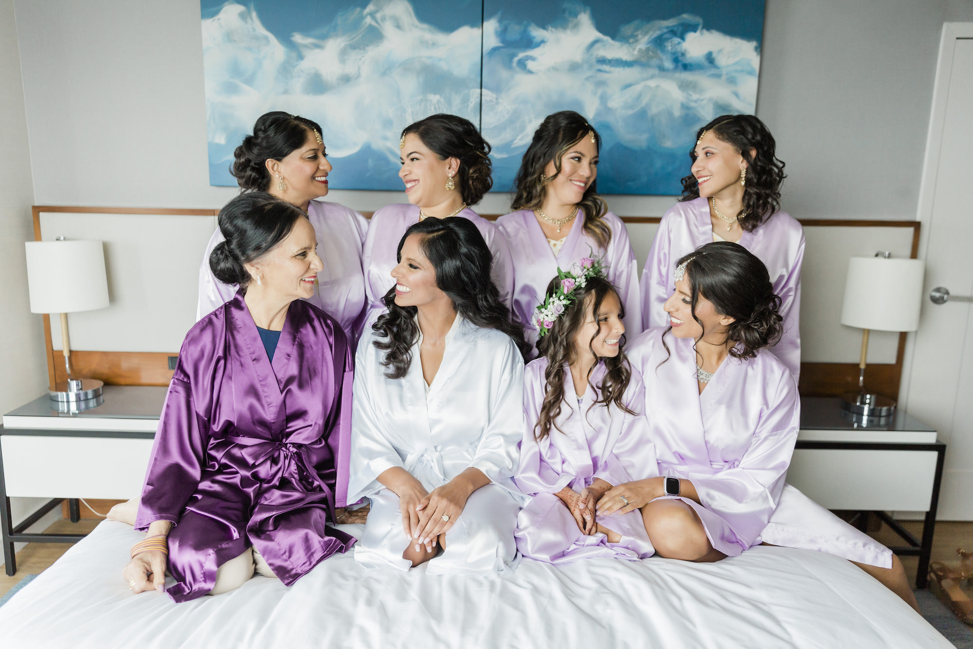 Bride and Bridesmaids Getting Ready Wedding Portrait | Lavender and Violet Satin Robe Ideas | Tampa Bay Hair and Makeup Artist Michele Renee The Studio