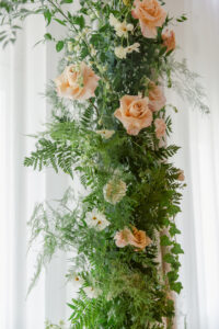 Peach Roses with White Philadelphius Flowers and Fern Greenery Wedding Ceremony Arch Arrangement Ideas