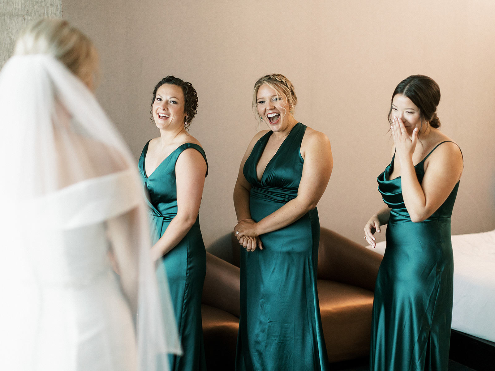 Bridesmaids First Look Wedding Portrait | Mismatched Emerald Green Satin Dress Inspiration