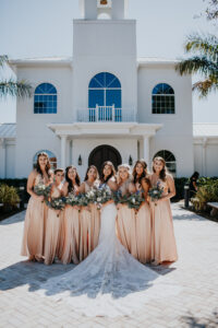 Matching Gold Champagne Satin Floor Length Bridesmaids Wedding Dress | St Petersburg Harborside Chapel Venue
