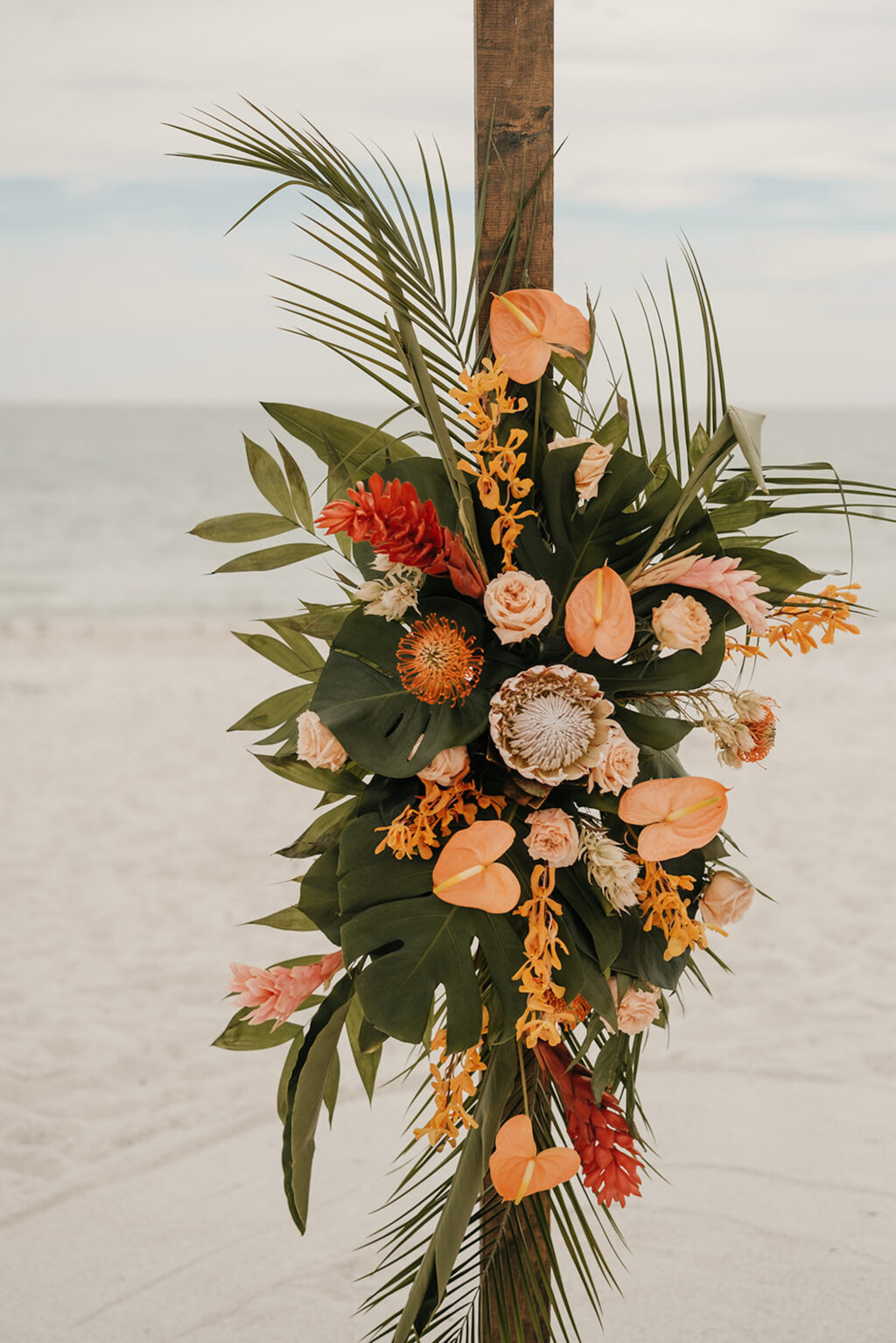 Square Wedding Arch with Tropical Monstera, Orange Anthurium, Palm Leaf, Pink Torch Ginger, King Protea Beach Altar Arrangement Ideas | Tampa Bay Florist Save the Date Florida