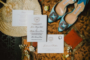 Classic White and Gold Wedding Invitation Suite | Blue Manolo Blahnik Pointed Toe Wedding Shoe