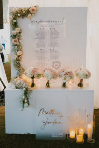 Frosted Acrylic Wedding Sign Inspiration | Clear Our Favorite People Alphabetized Seating Chart Ideas | White and Pink Rose Bridal Bouquets | Sarasota Planner Kelly Kennedy Weddings and Events