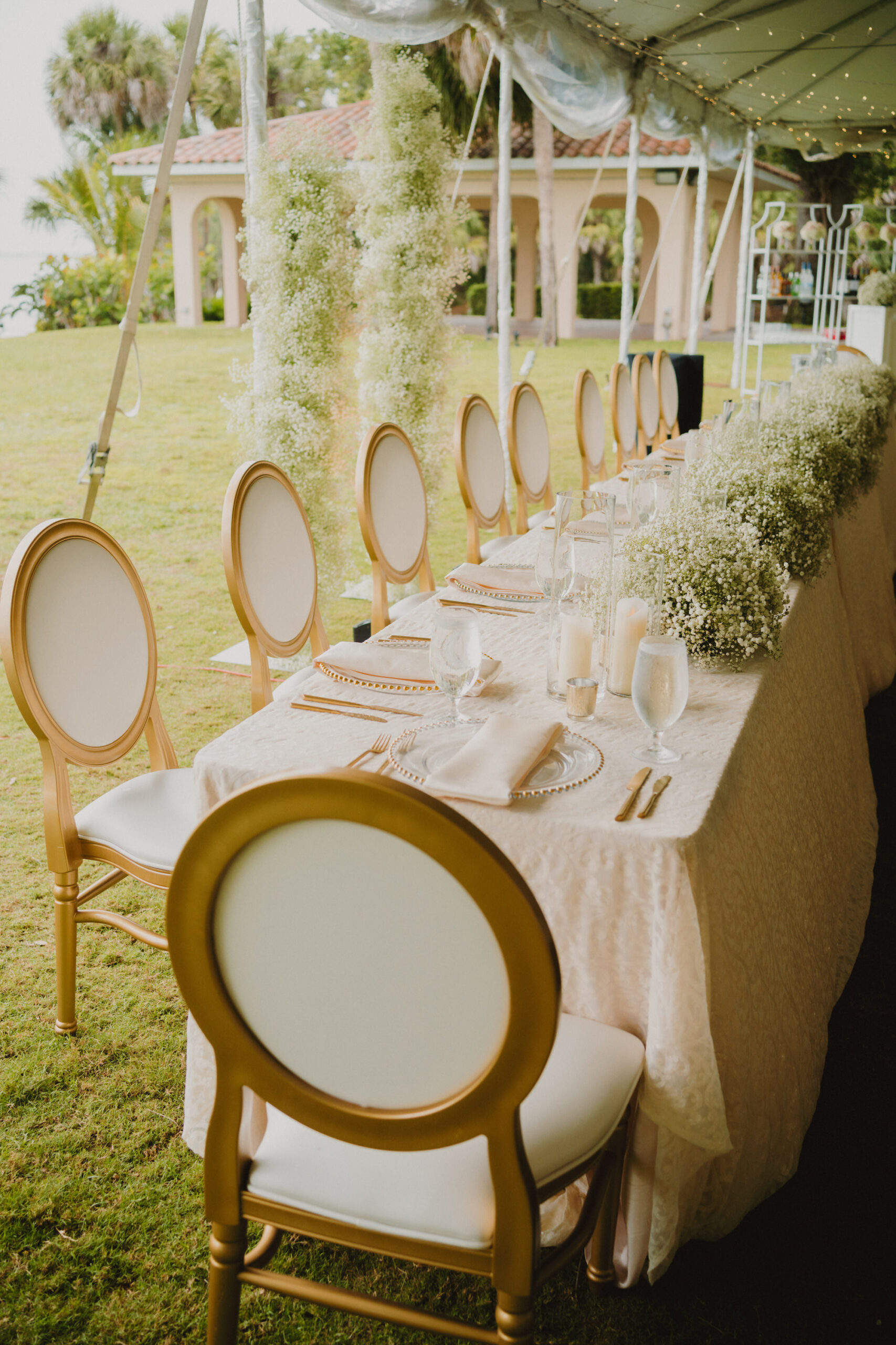 Long Feasting Tables with White and Gold Chairs | Tampa Bay Kate Ryan Event Rentals