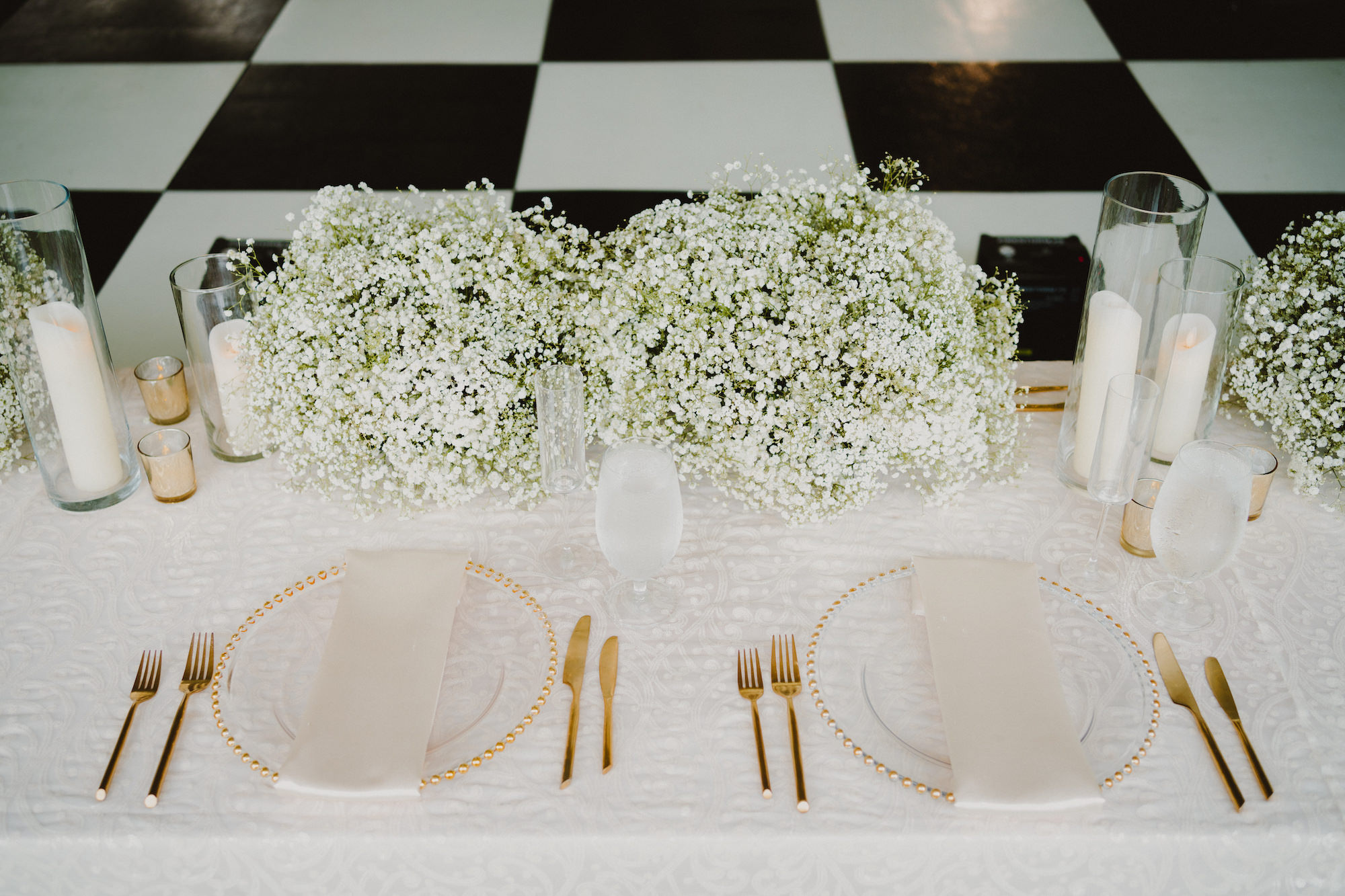 Candlelit Sweetheart Table with Lace Linen and Gold Table Setting Ideas | Sarasota Kate Ryan Event Rentals