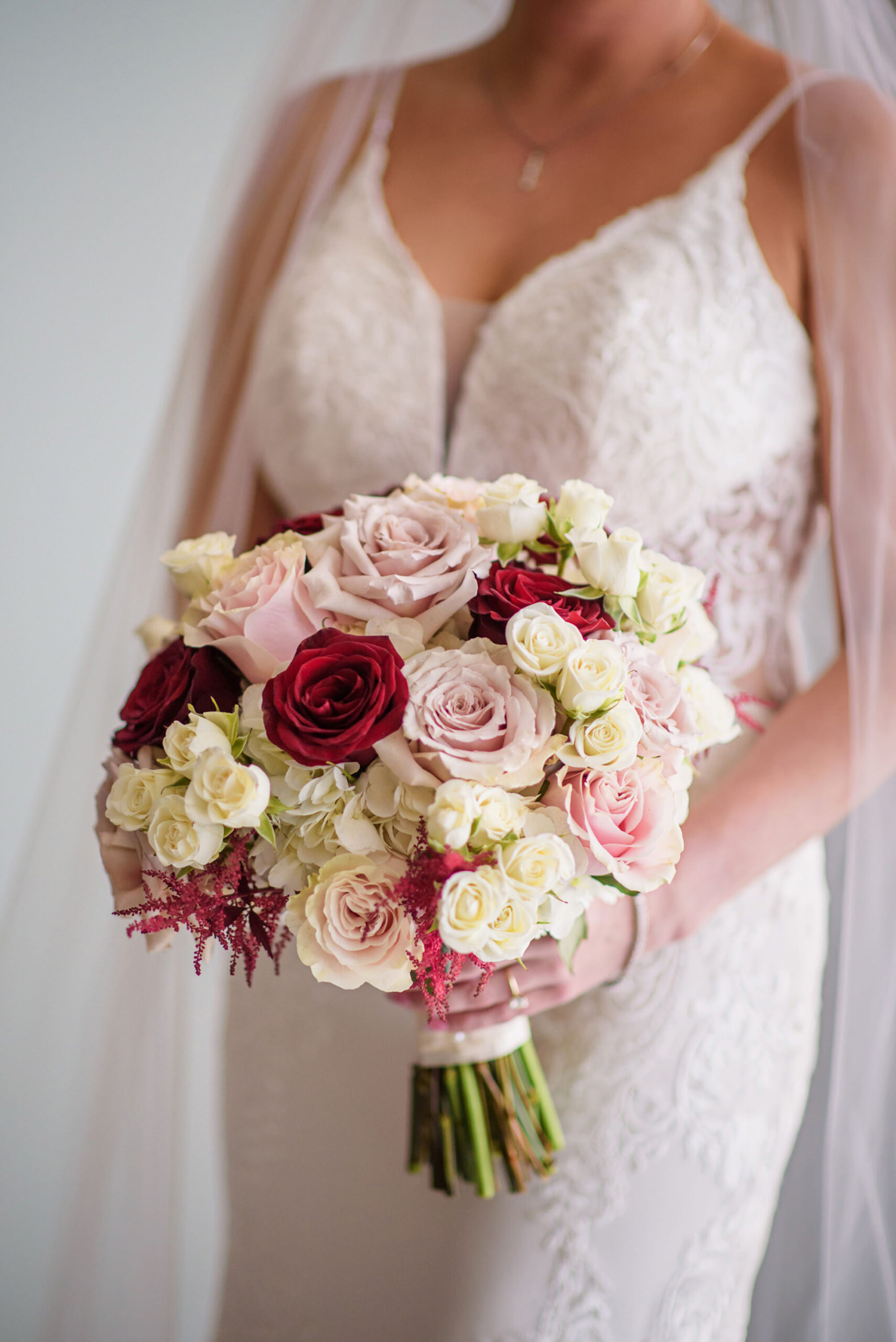 Classic Burgundy, White, and Pink Rose Wedding Bouquet Inspiration