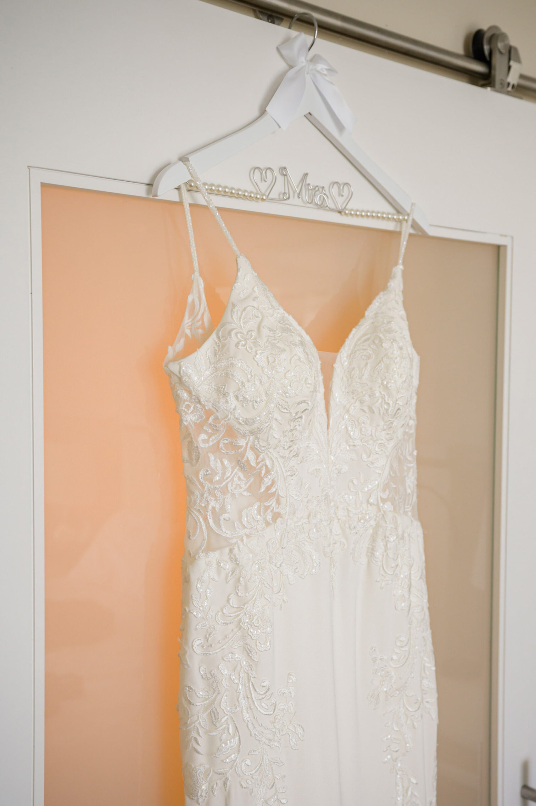 Mrs Hanger | White Spaghetti Strap Deep V Neckline Fit and Flare Lace Applique Wedding Dress Inspiration