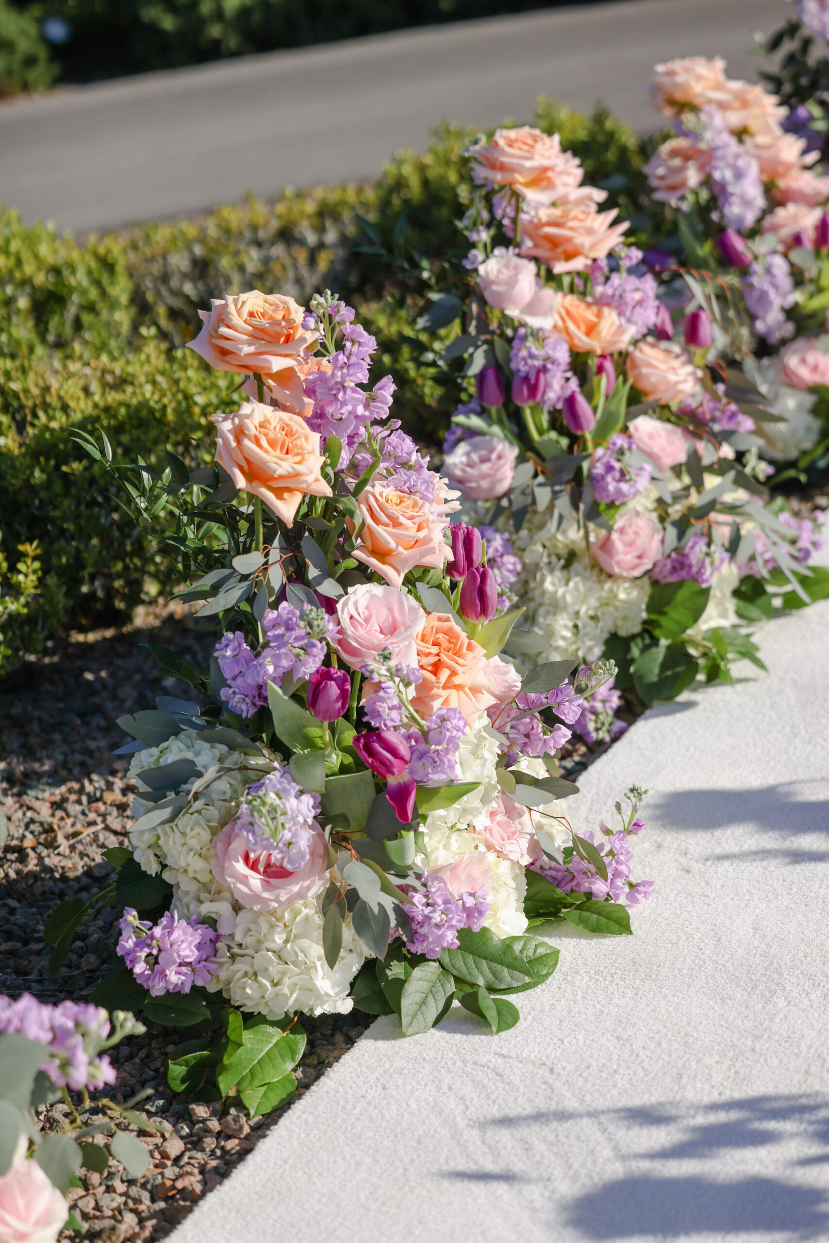 Whimsical Peach Roses, Lavender Hydrangea, Purple Lily Wedding Aisle Decor