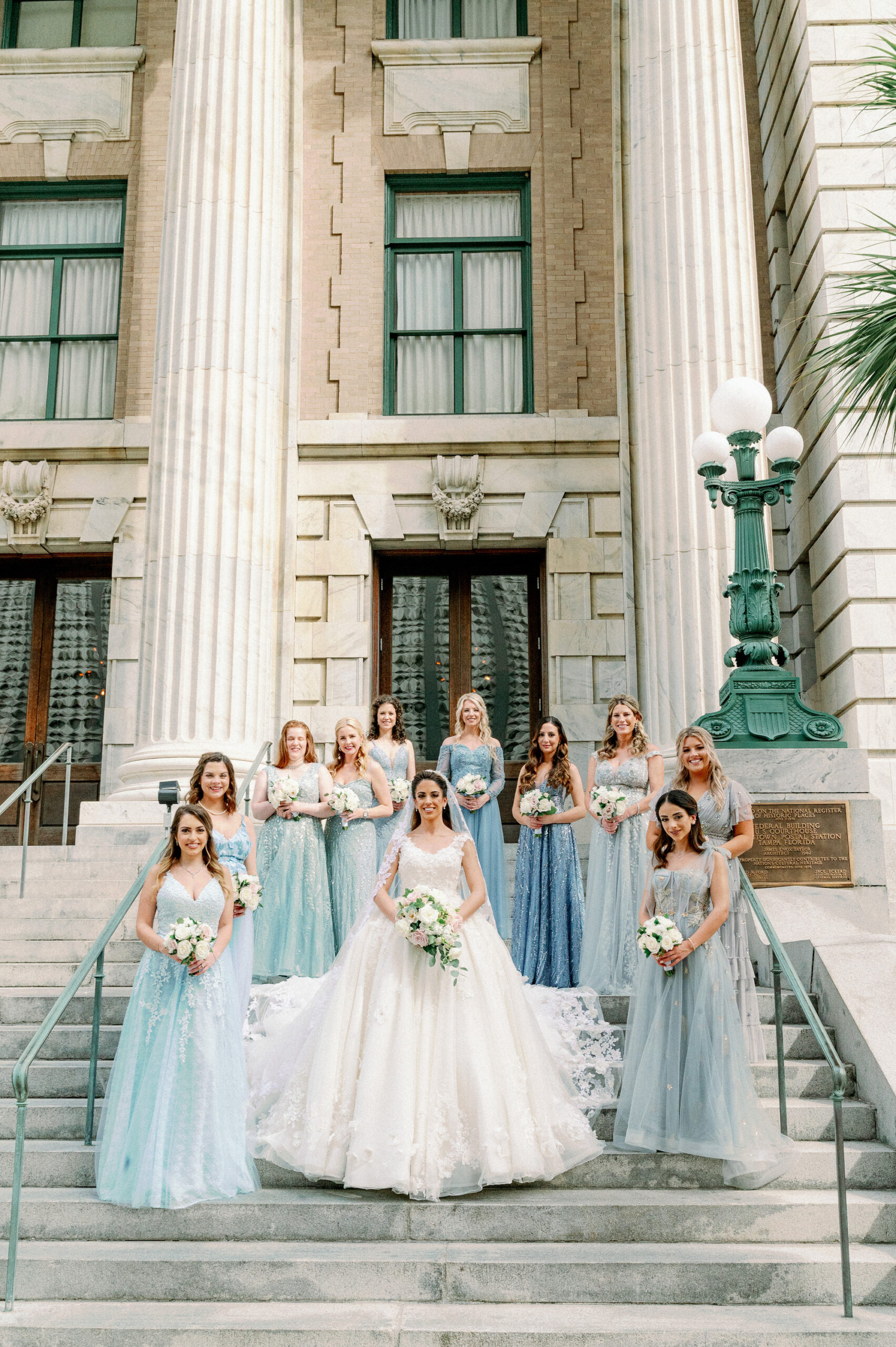 Sky Blue, Dusty Blue Mismatching Bridesmaids Dress Inspiration | Bride and Groom First Look Wedding Portrait | Tampa Bay Wedding Photographer Dewitt for Love Photography | Hair and Makeup Femme Akoi Beauty Studio