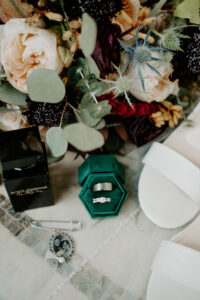 Jewel Toned Florals with Engagement Ring in Velvet Green Box with Open Toed White Wedding Shoes