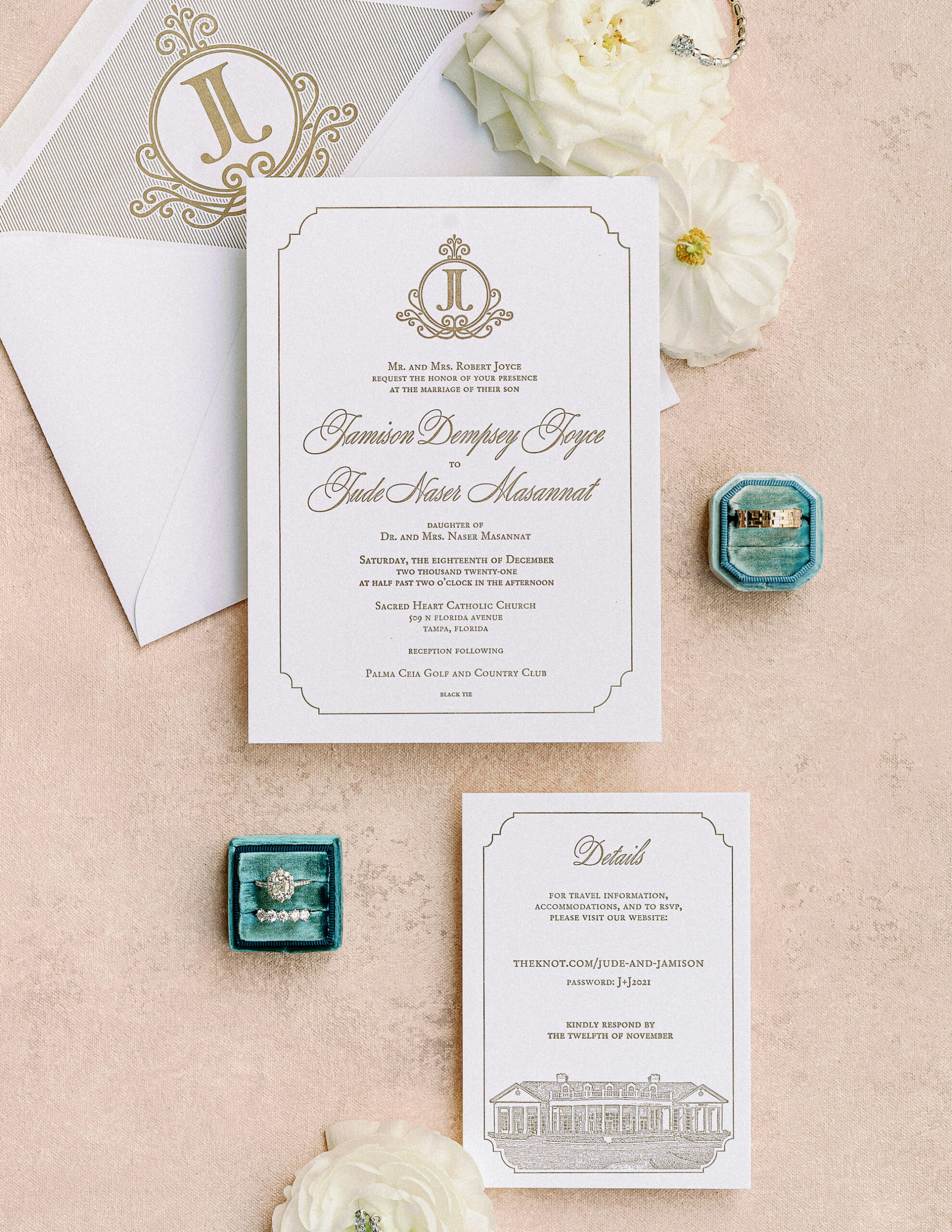 Regal White and Gold Custom Logo Invitation Suite Inspiration | Unique Brick Design Wedding Band