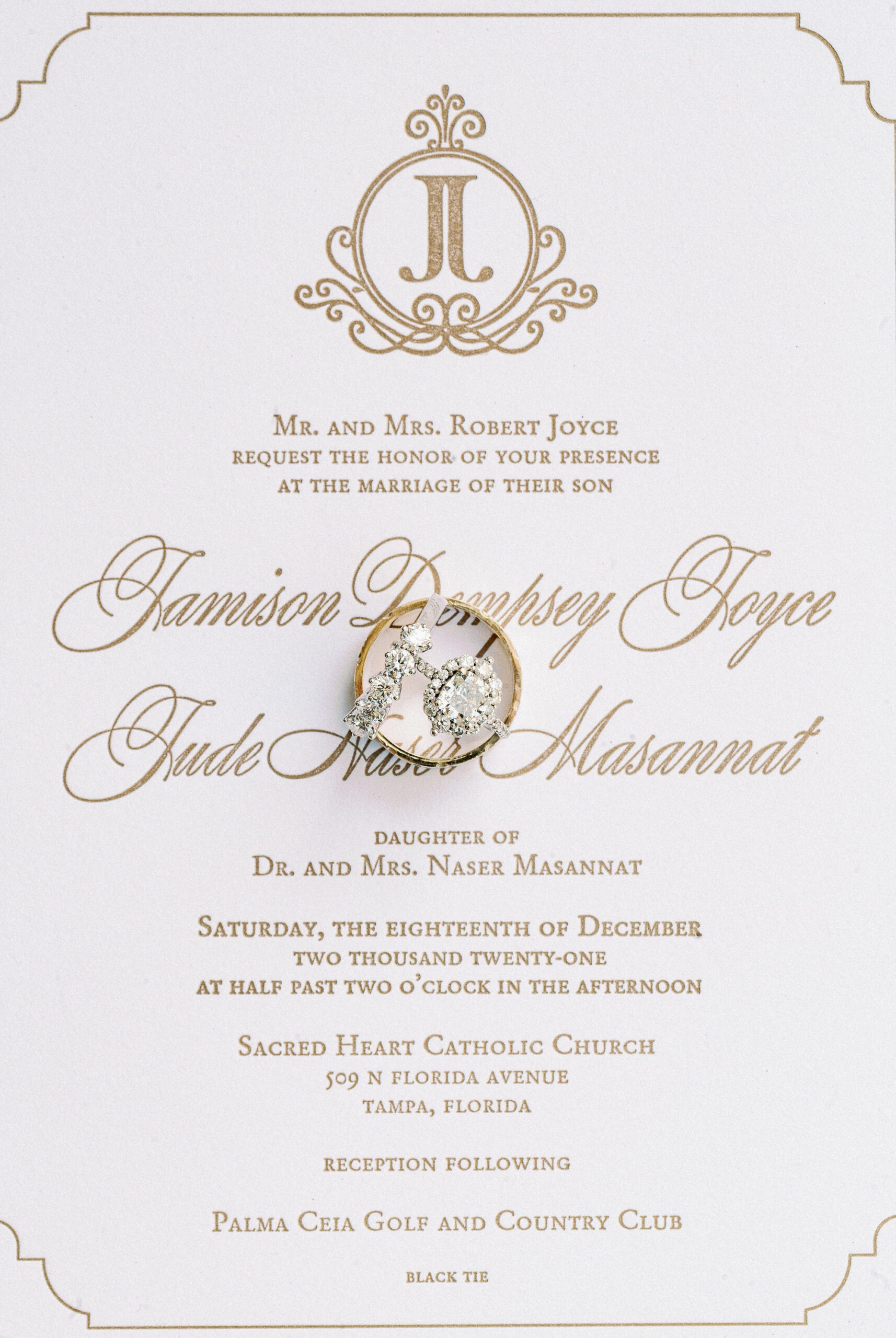 Classic White and Gold Wedding Invitation Idea | Square Cut Vintage Engagement Ring and Round Diamond Wedding Band