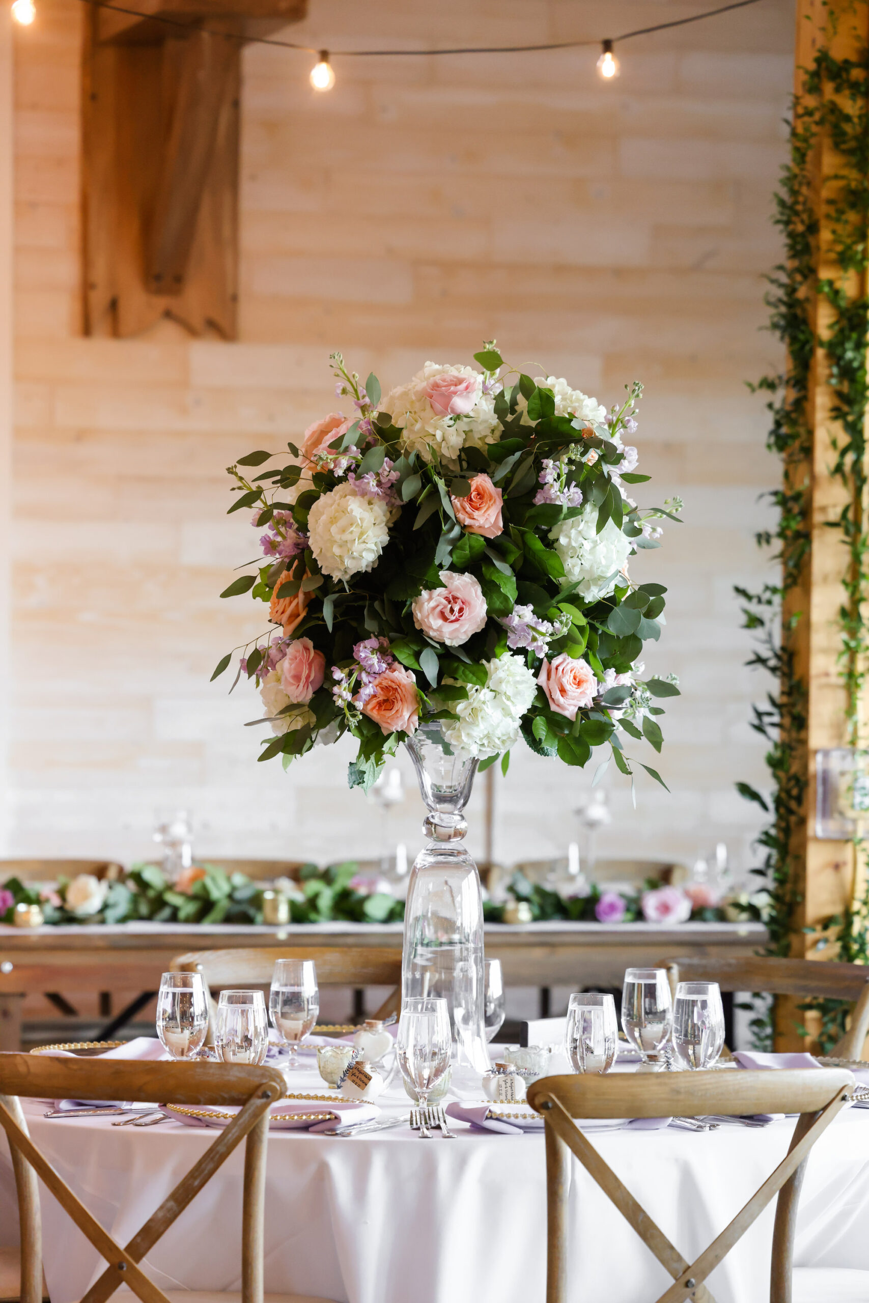 Pink and Lavender Purple Southern Vintage Rose, Hydrangea, and Greenery Wedding Centerpiece Ideas