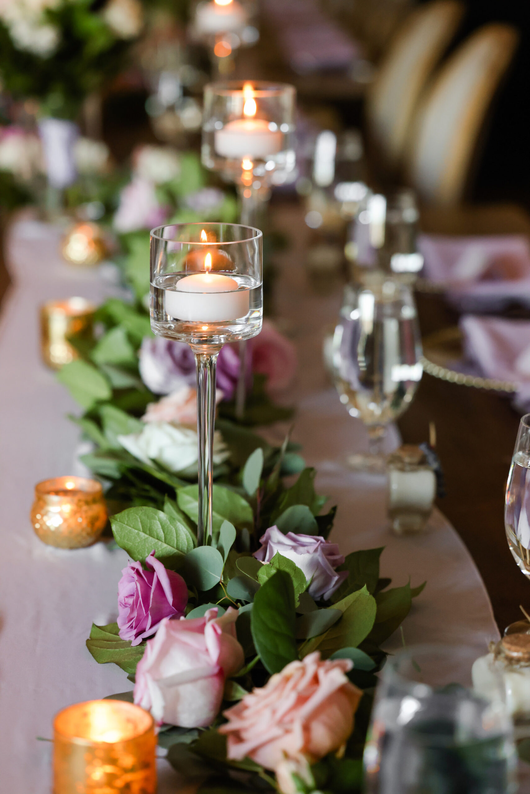 Southern Vintage Floating Candle, Roses and Greenery Centerpiece Inspiration