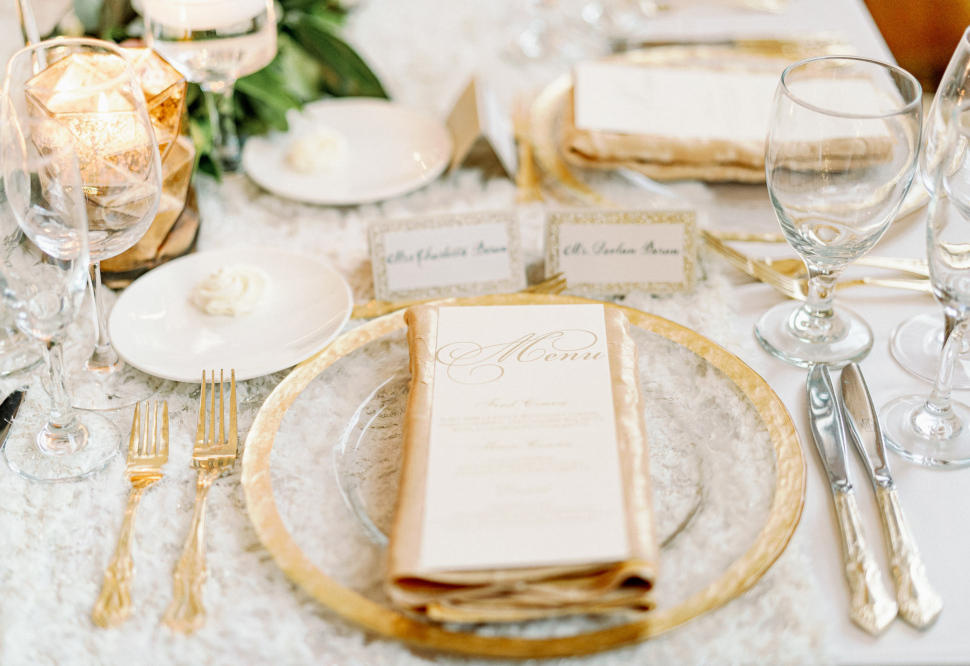 Gold Flatware with Gold Rimmed Chargers | Wedding Menu Cards | Tampa Bay Rentals A Chair Affair | Kate Ryan Event Rentals