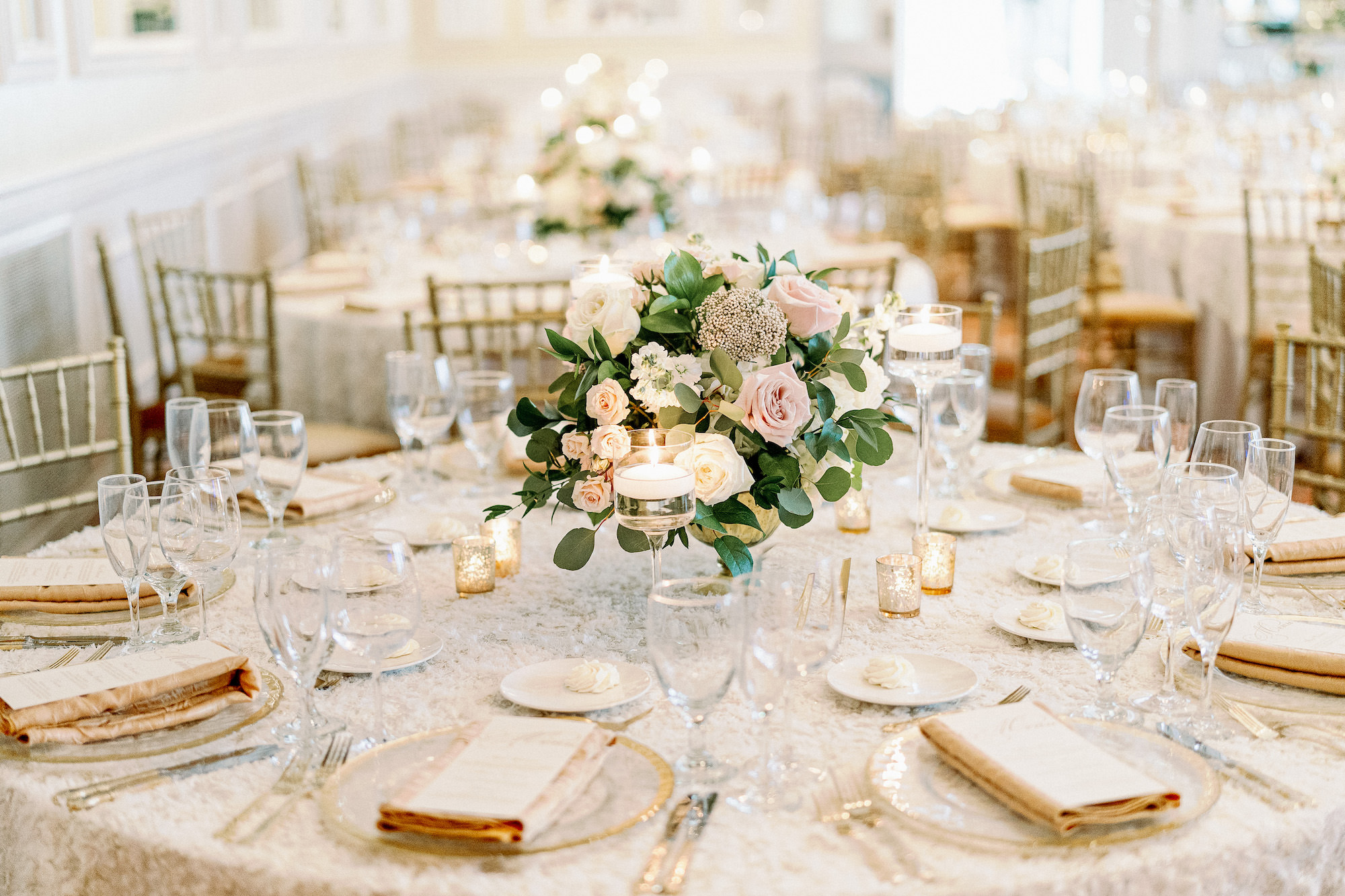 Rose, Carnation, and Eucalyptus Centerpiece Ideas | Gold Champagne Table Linen | Tampa Bay Florist Monarch Events and Design | A Chair Affair | Kate Ryan Event Rentals | Over the Top Linen Rentals