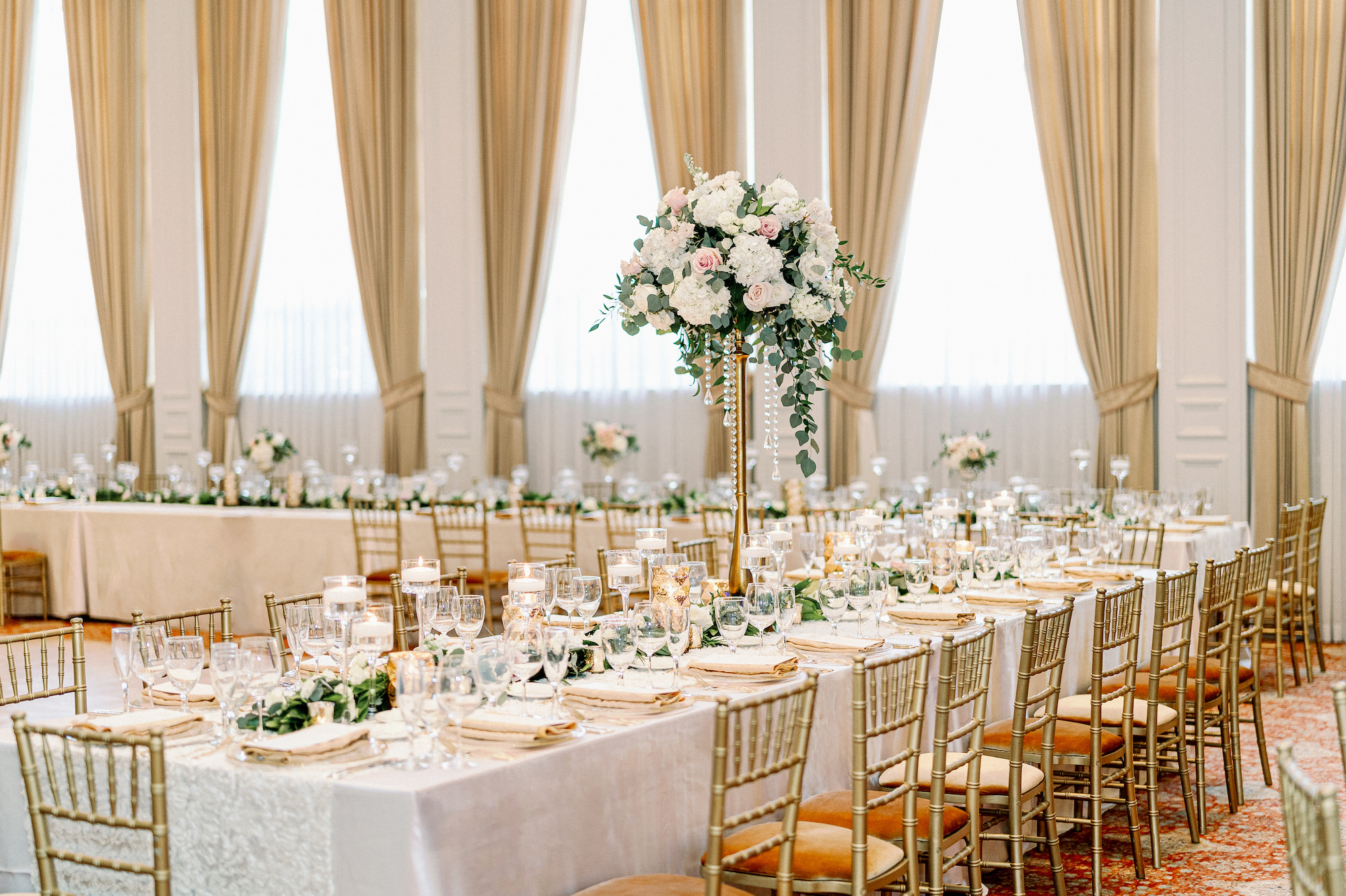 Elegant Gold Wedding Inspiration | Tall Crystal Flower Stand Centerpieces | Gold Chiavari Chairs | Tampa Bay Florist Monarch Events and Design | Kate Ryan Event Rentals