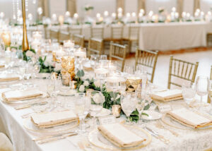 Timeless Elegant Gold Champagne Linens with Gold Flatware | Tampa Bay Over The Top Rental Linens | A Chair Affair | Kate Ryan Event Rentals