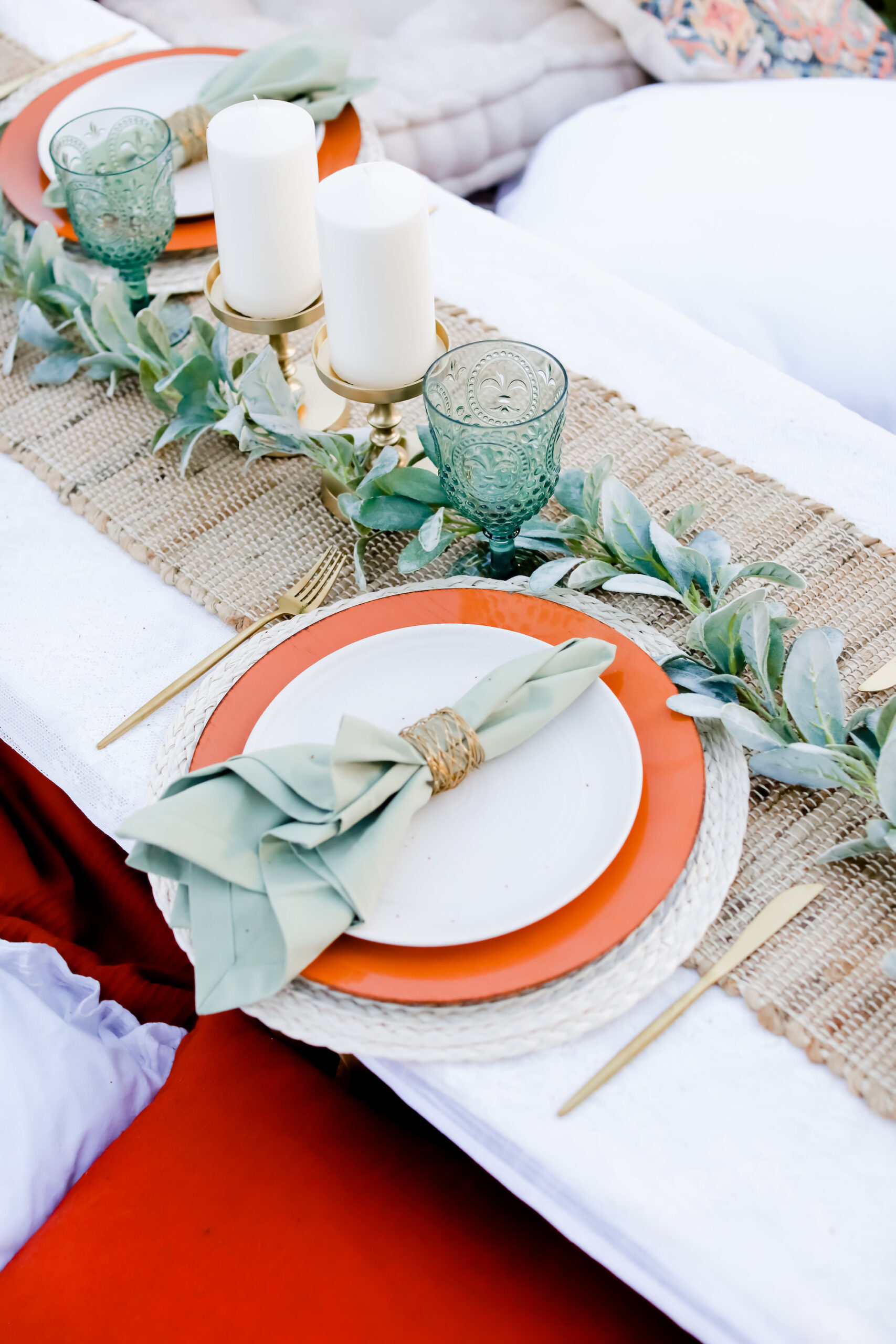 Terracotta Charger with Greenery Garland Centerpiece, Vintage Glassware, Mint Napkins, and Jute Runner Fall Boho Reception Decor Ideas