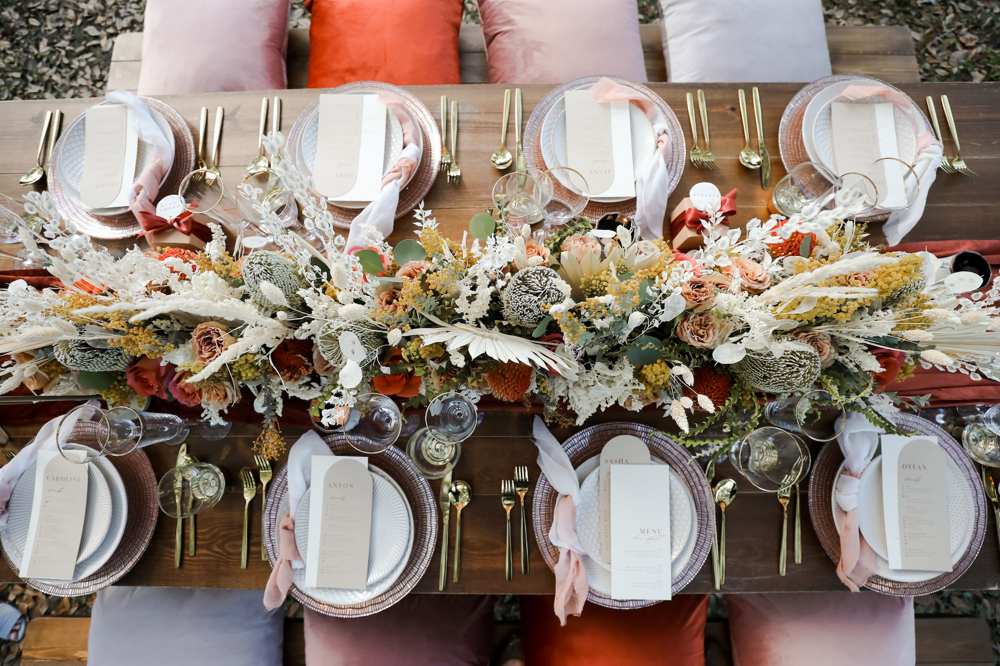 Fall Terracotta Inspired Place Setting with Gold Flatware and Dired Boho Flower Centerpieces Ideas