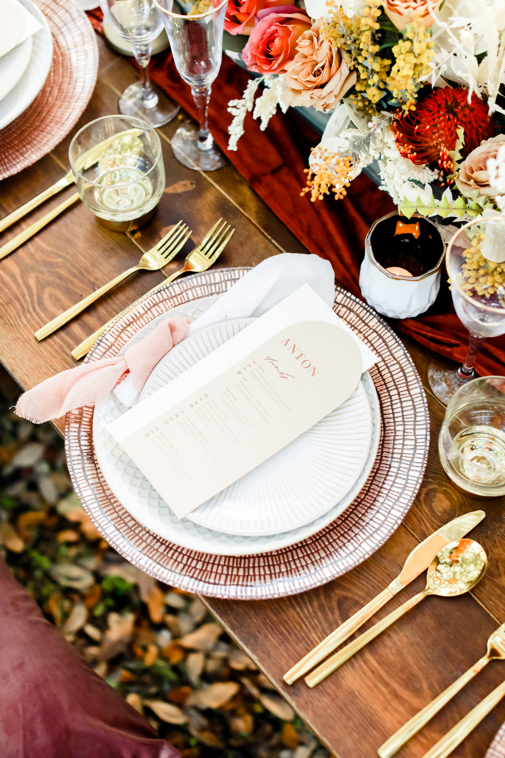 Fall Terracotta Inspired Place Setting with Gold Flatware and Modern Tan Menus