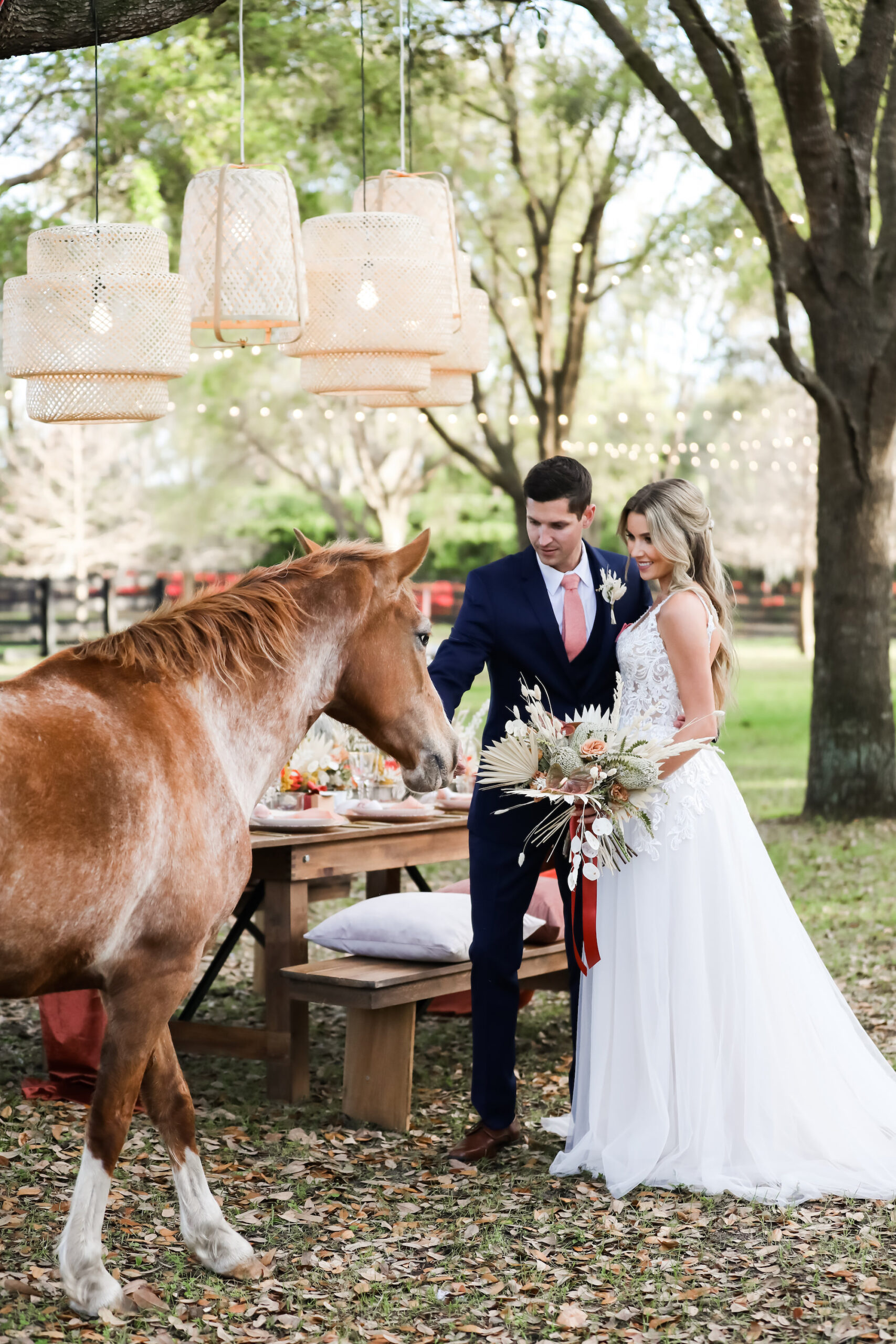 Bride and Groom with Horse Wedding Portrait at Outdoor Fall Reception Ideas | Tampa Bay Wedding Venue Mision Lago Estate | Lifelong Photography