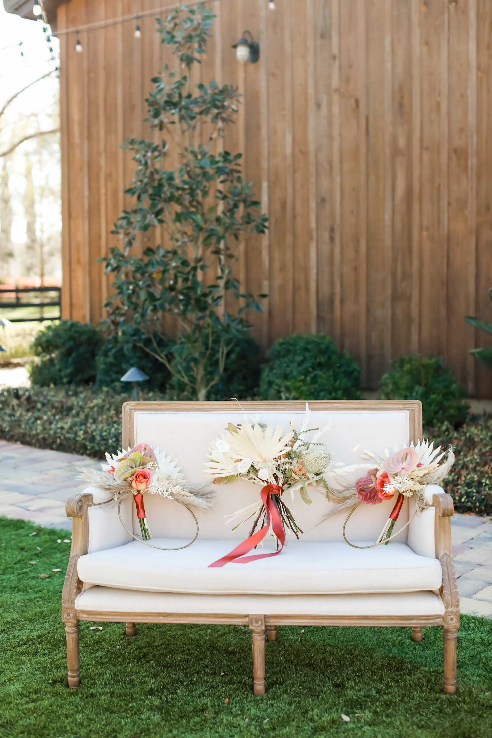 Vintage Sofa Loveseat with Boho Bridesmaids Wedding Bouquets Ideas | Tampa Bay Furniture Decor Rentals Gabro Event Services