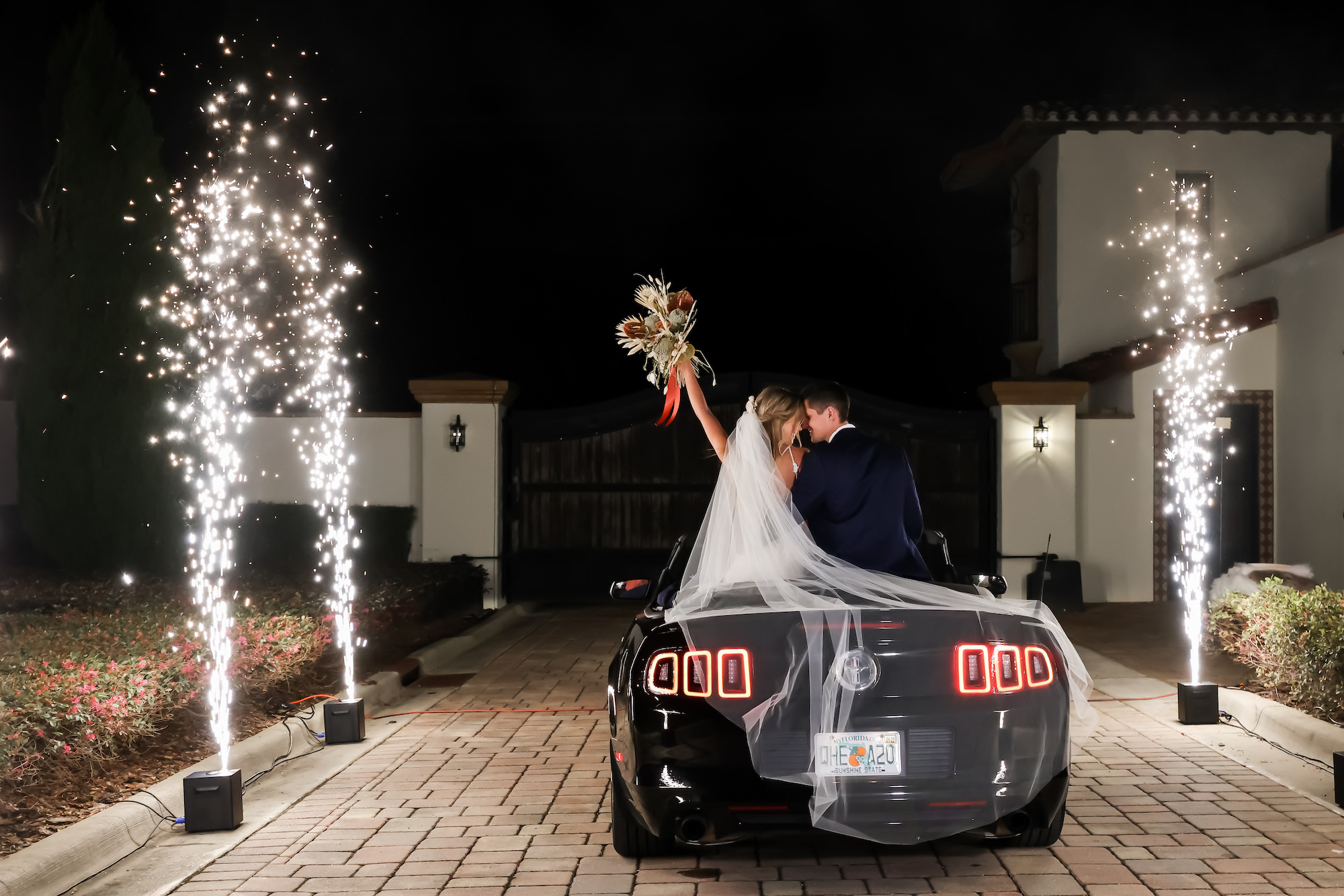 Bride and Groom Luxury Car Wedding Exit with Sparklers