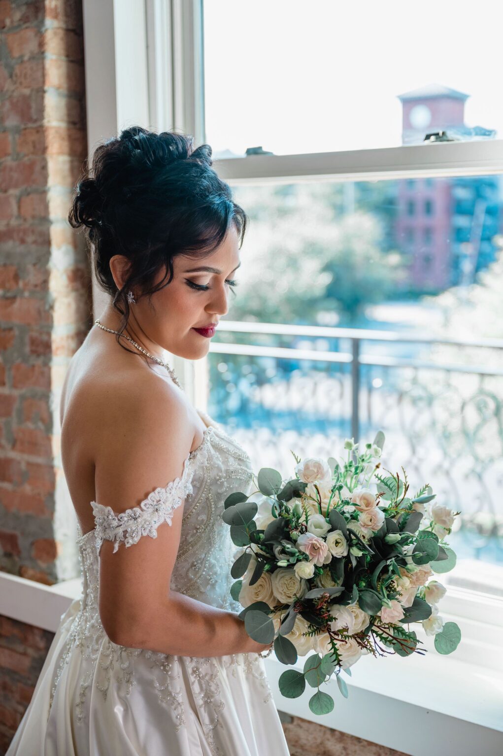 Bridal Updo Wedding Hair | White and Pink Garden Rose, Peony, with Eucalyptus Greenery Bouquet | Lace Flower Applique Removable Straps | Tampa Bay Hair and Makeup Artist Femme Akoi Beauty Studio | Florist Save the Date Florida | Boutique Truly Forever Bridal
