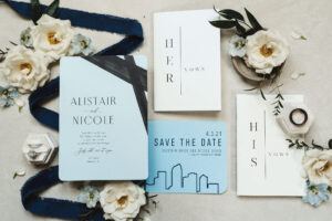 Modern Black and Sky Blue Wedding Invitation | Tampa Bay Skyline Save the Date Card Ideas | Vow Booklets