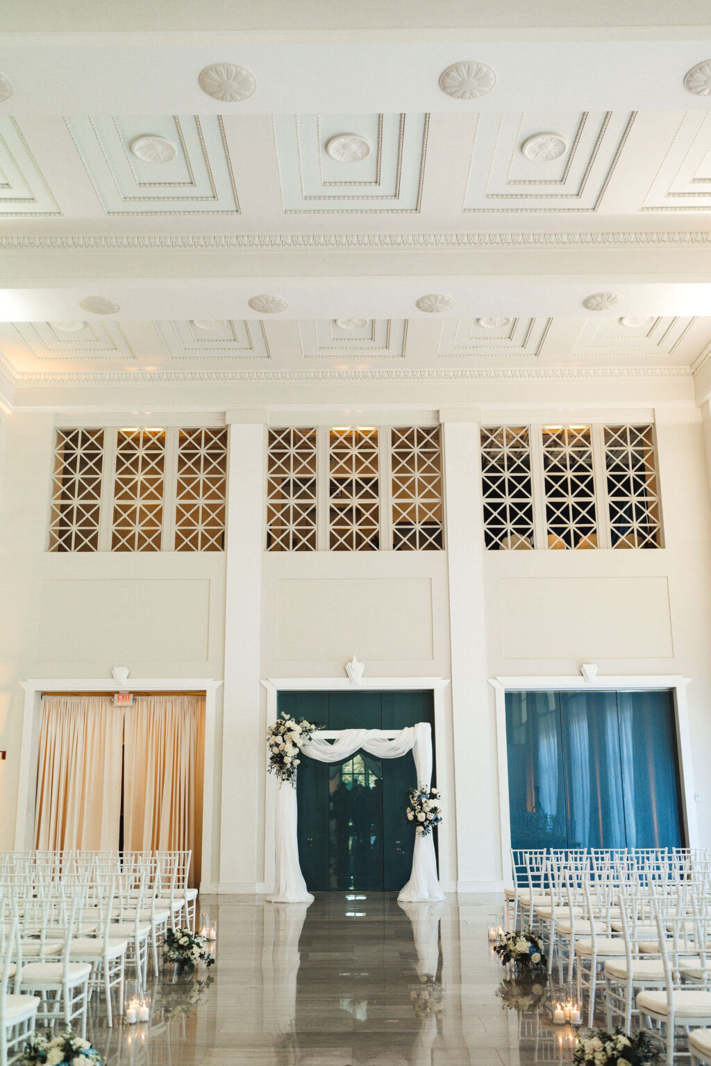 White Arch with Drapery and Two Floral Sprays | White and Blue Wedding Inspiration | Historic Downtown Tampa Venue The Vault