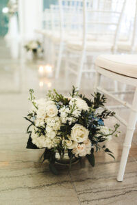 White and Blue Floral Aisle Decor | Roses, Hydrangeas, Ruscus, Greenery