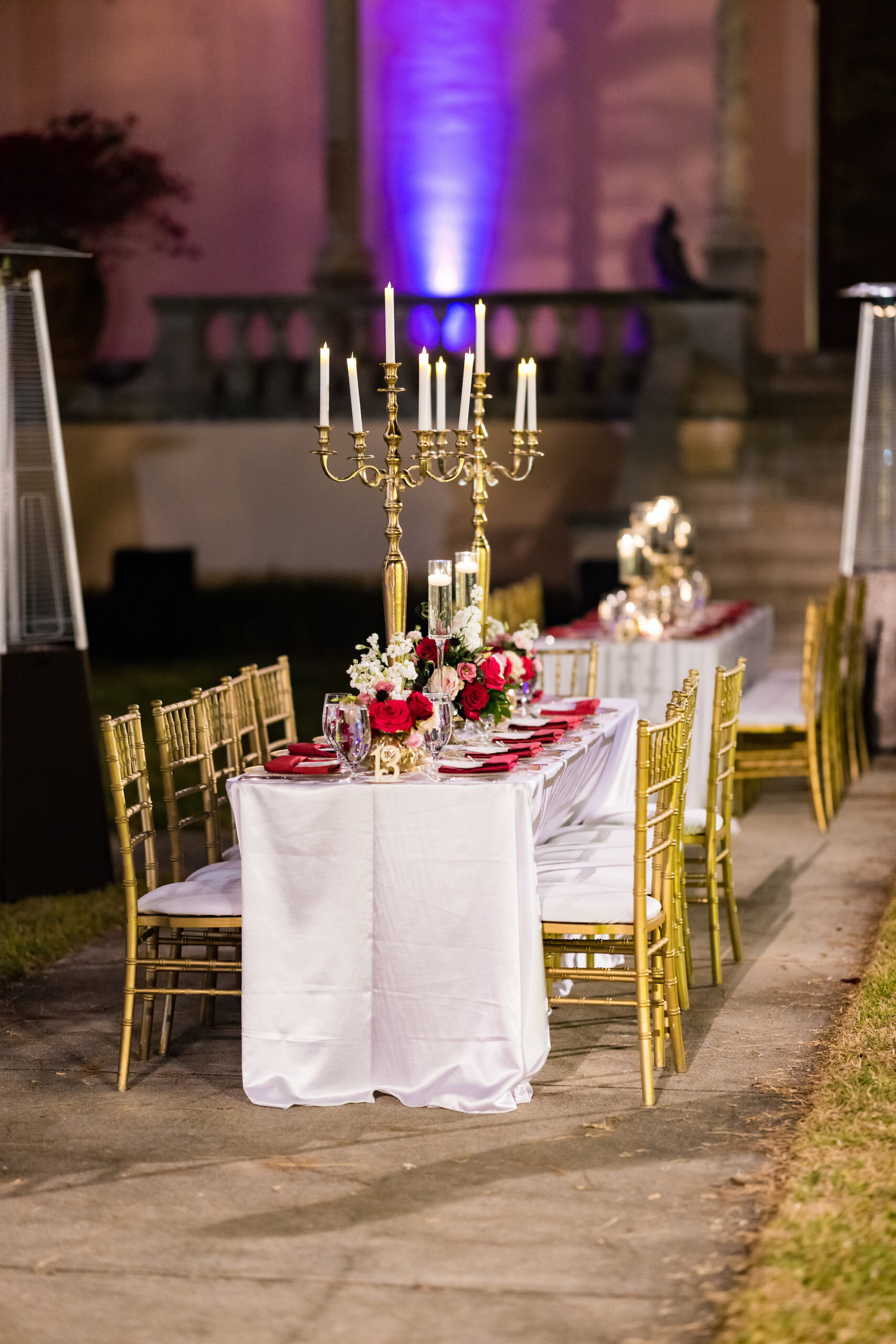 Gold Candelabra Wedding Reception Centerpieces with Red, Burgundy, and White Rose Floral Arrangements Ideas | Gold Chiavari Chairs