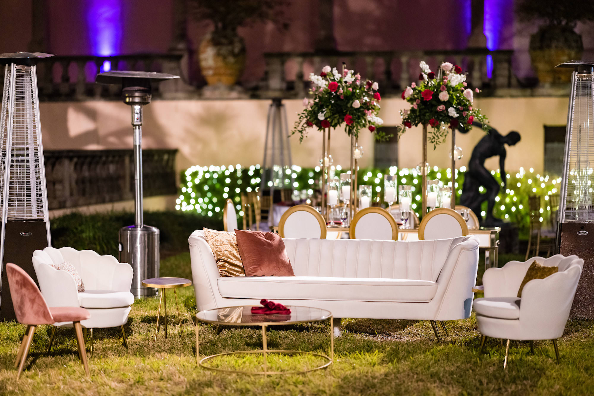 Modern Wedding Reception Lounge Seating Ideas | Tall Gold Column Flower Stand | Sarasota Florist FH Events