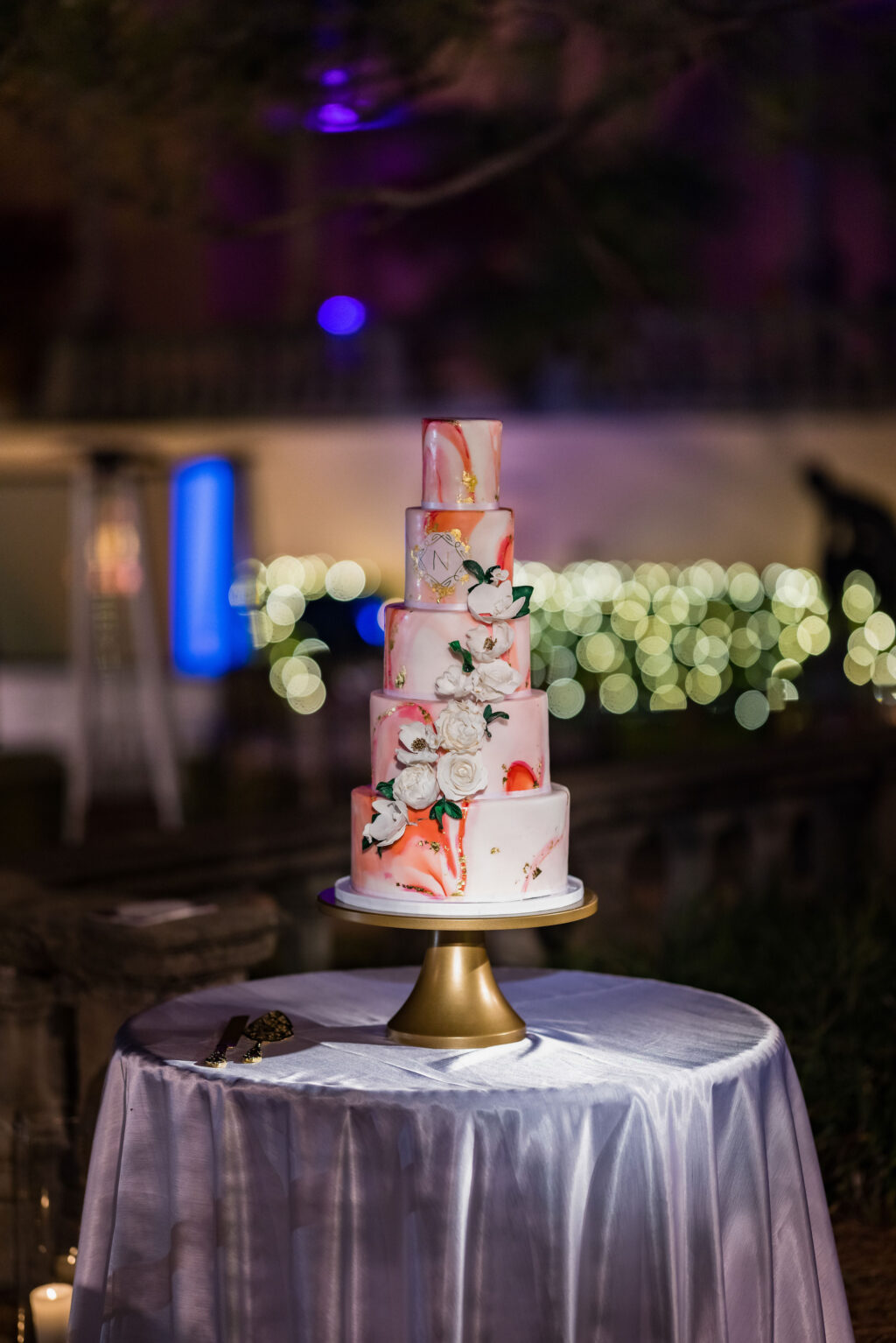 Luxurious Modern Five-Tiered Pink, Orange, and Gold Foil Marble Ombre Fondant Wedding Cake Ideas | Tampa Bay Cake Company