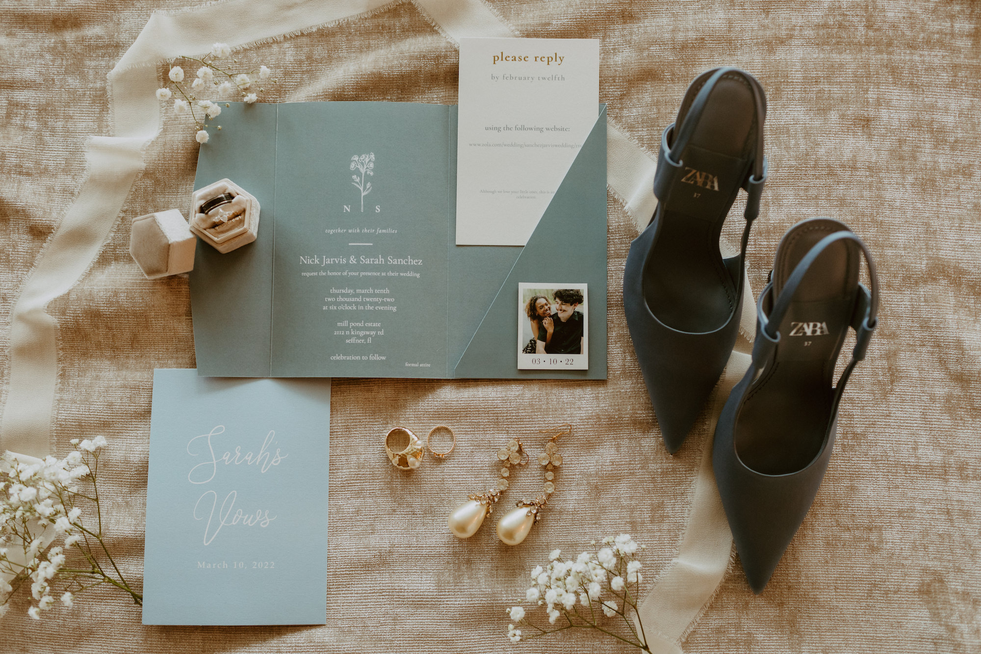 Blue Zara Pointed Toe Wedding Shoe | Dusty Blue Pocket Wedding Invitation Suite Inspiration