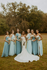 Dusty Light Blue Mismatched Bridesmaids Dress Ideas | Classic Strapless White Mermaid Mikado Fit and Flare Wedding Dress | Tampa Bay Boutique Truly Forever Bridal