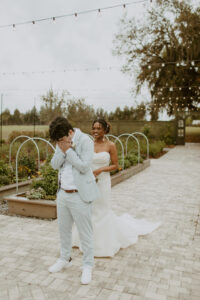 Bride and Groom First Look | Casual Groom Light Blue Wedding Suit Inspiration