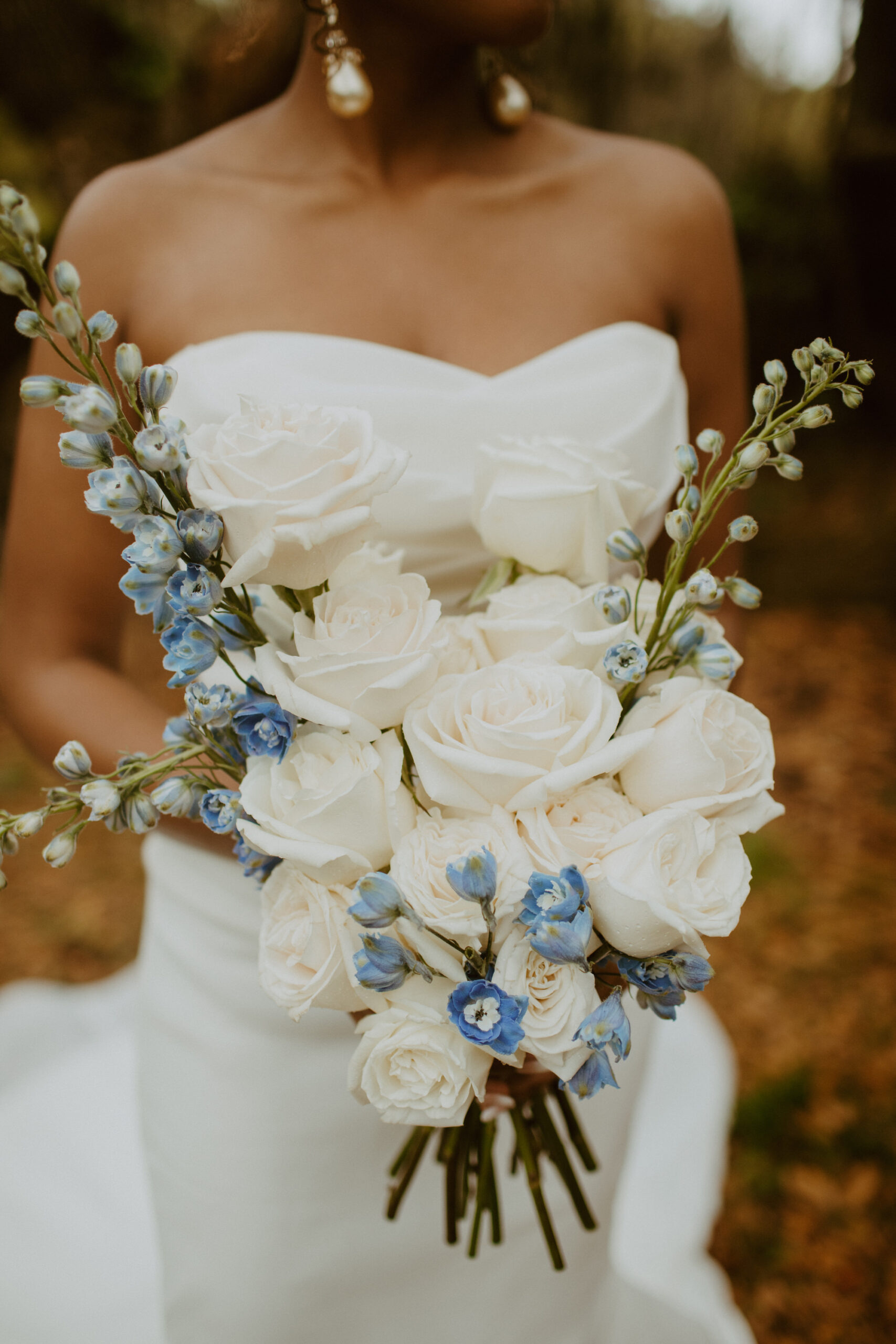 Blue and White Dendrobium Orchid, Rose Wedding Bouquet Inspiration